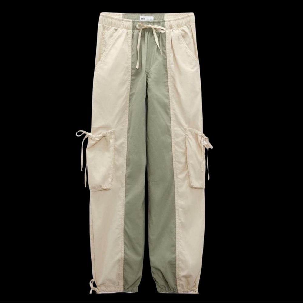 Zara Two-Tone Cargo Pants - Cream and Green